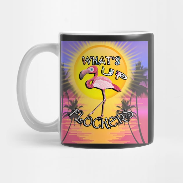 Flamingos, Ocean Sunset & Palm Trees: Funny What's Up Flockers? Summer Flamingo by tamdevo1